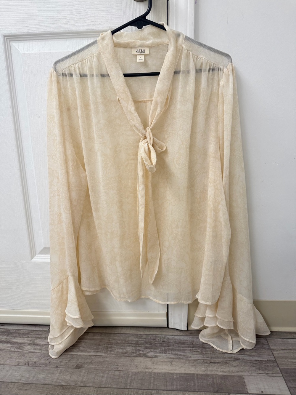 a.n.a Cream Sheer Tie-Neck Blouse with Layered Bell Sleeves